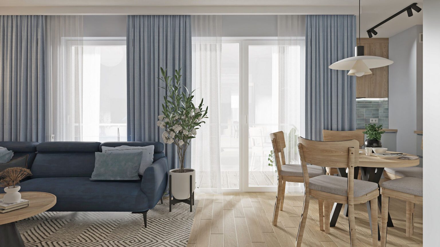 Mieszkanie we Wrocławiu_salon z kuchnią_widok 2