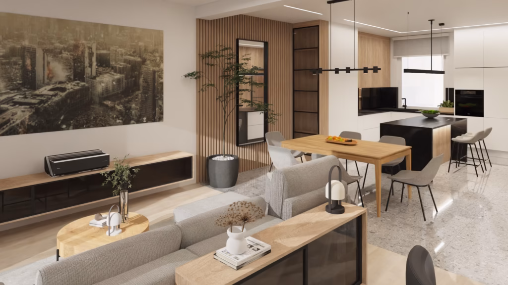 Salon z jadalnią i drewnianą zabudową – realizacja Dom prywatny Schuberta, Agata Dominiak